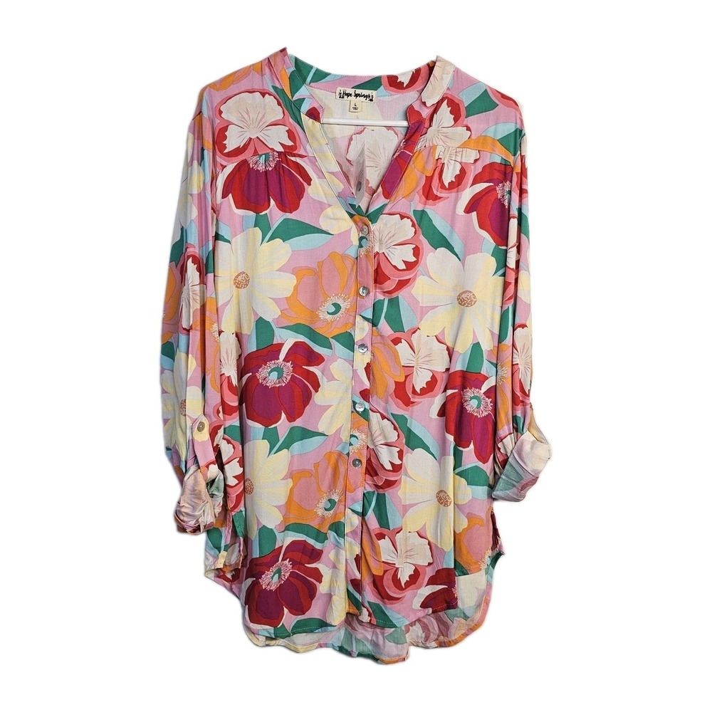 Hope Springs Floral Poppy Print Loose Fit Tunic Top Button Up Size Large Roll Ta